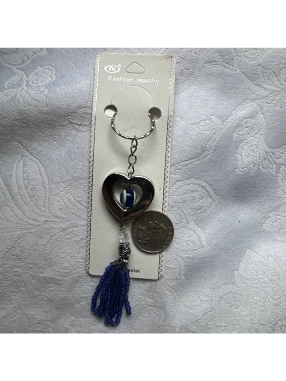 NEW Silvertone Blue Rolling Evil Eye Heart Keychain Protection Tassel Beads